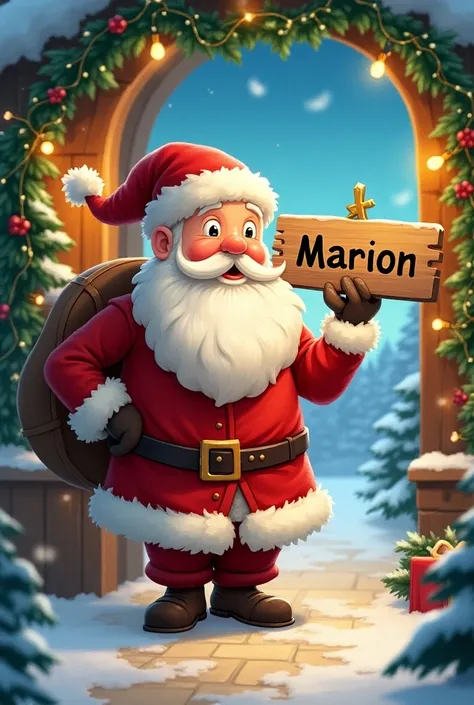 Santa Claus holding a sign with the name Marion on a Christmas background 