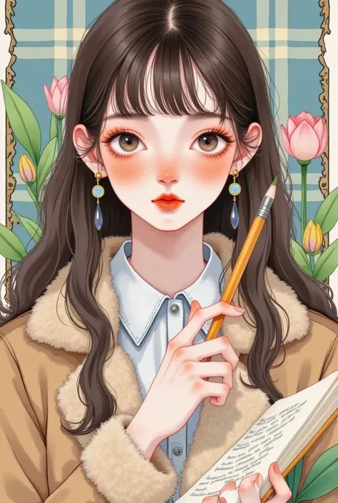 1girl,artist name,bangs,black hair,blush,book,brown eyes,brown hair,closed mouth,coat,collared shirt,earrings,flower,freckles,fur-trimmed jacket,fur collar,fur trim,holding,holding book,jacket,jewelry,leaf,lips,long hair,long sleeves,looking at viewer,open...