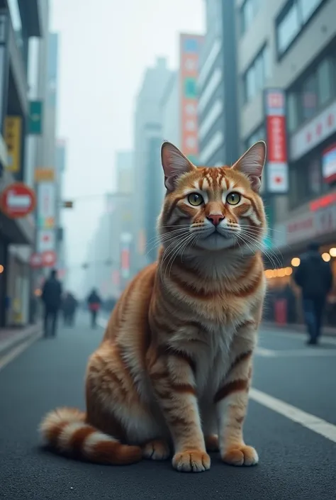  In Shinjuku wrapped in steam 、コクーンビルよりも巨大な、 cute tiger cats that are bigger than Cocoon Buildings fill the screen、 Image taken with a wide-angle lens  、High image quality