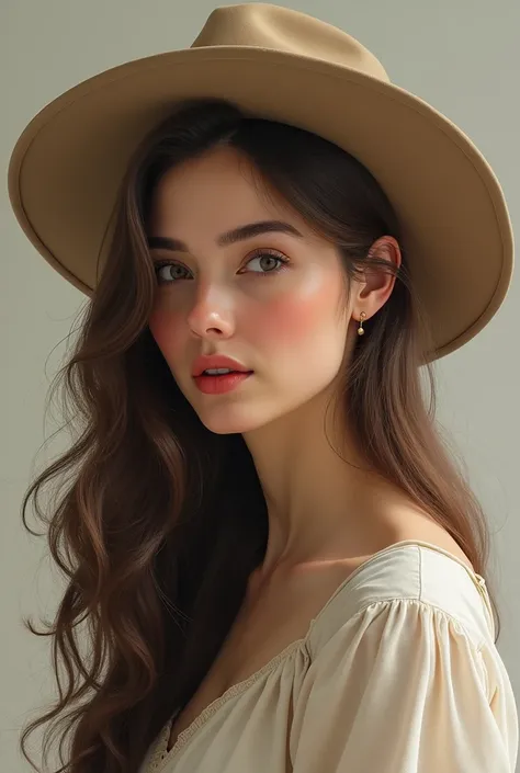 realistic 30 years woman with discreet and elegant appearance with long brown hair wearing a simple hat