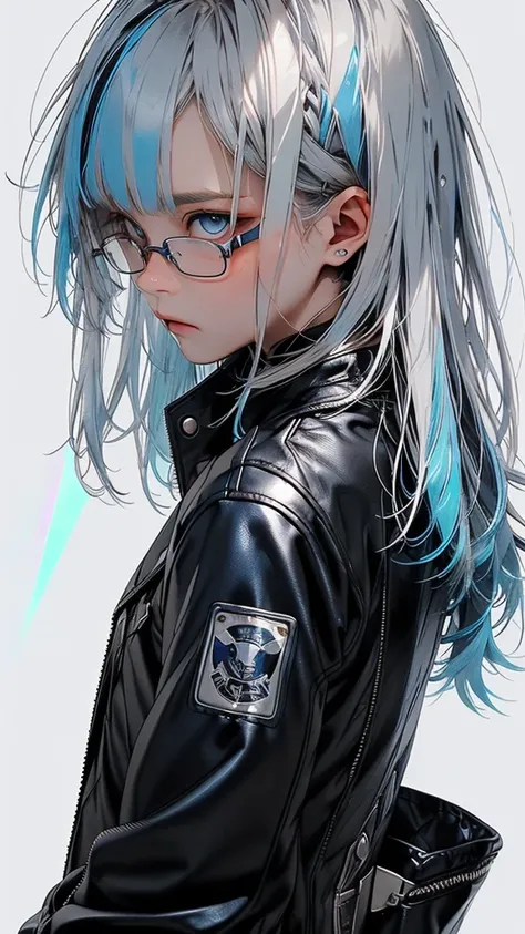   movie poster with a young woman as the protagonist、 (Silver_hair, blue_hair,two-tone_hair:1.4)、( long hair :1.2)、(light blue clear eyes 1 .3)Glare、 Her face has a fixed expression  ,  black leather jacket、silver studs 、( white simple background 1 .4)、Rou...