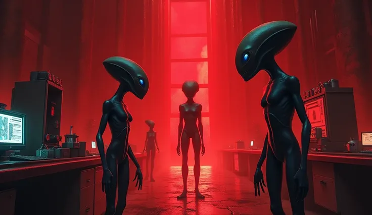  Aliens creating human beings in a laboratory, that the image has a red and black background 