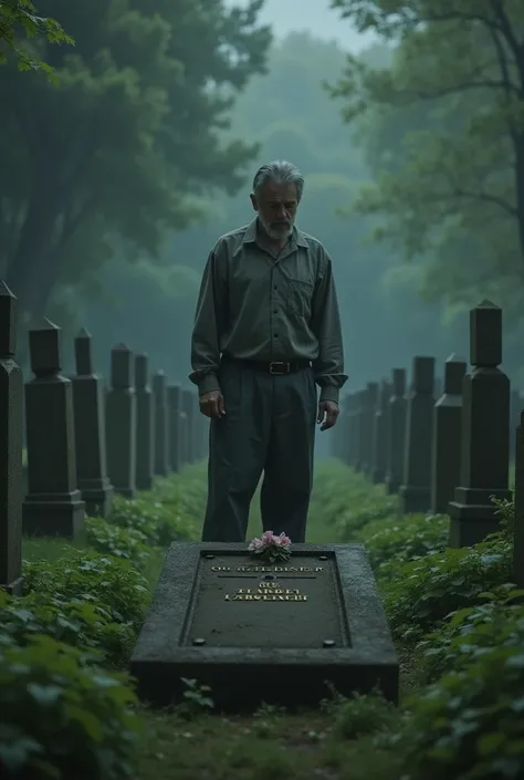 A grown man with a sad face stares at his sisters grave