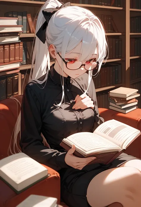 girl,White hair, Ponytail, in red eyes , long sleeve black shirt, Medium Breasted,Wear glasses, Reading Library Books,sit,Romantic Books 