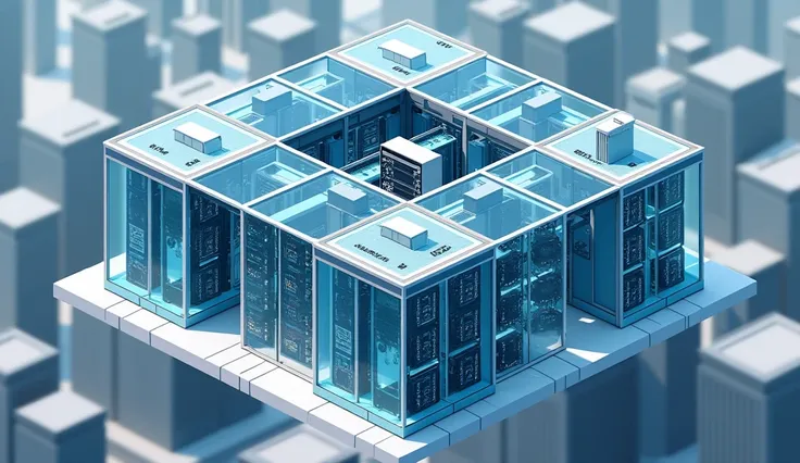  isometric glass crypto farm,  modern glass building , lots of servers in building 