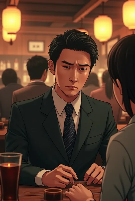  1 Japanese man ,40 years old, black hair,suit,居酒屋で日本人の女の子と話している, The girl talking to a Japanese girl at the izakaya looks bothersome,live-action