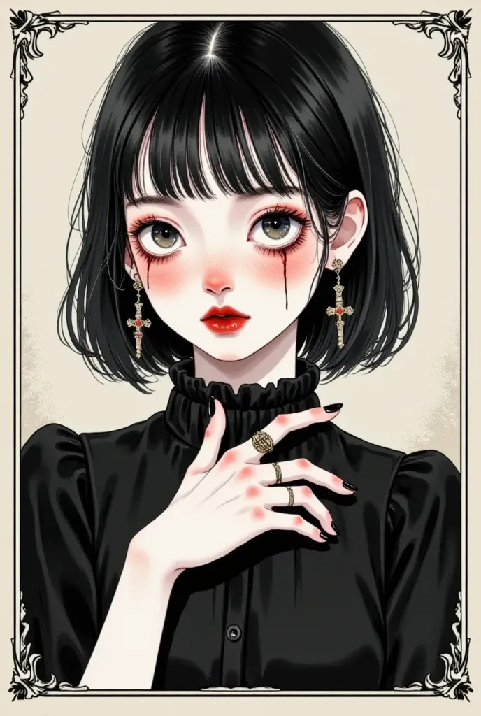 1girl,bangs,black dress,black eyes,black hair,black nails,black shirt,blood,blunt bangs,bob cut,cosmetics,cross earrings,ear pie...