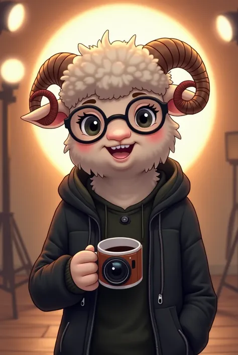  Anthropomorphic lamb with a camera on a recording plate,  he is cheerful , And in a ,  hand he wears a cup of coffee , He wears a black jacket and black glasses. Anime style, there are photography lights around and backdrops-like backgrounds 