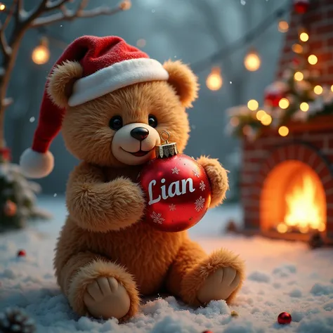 A photo of a cozy, joyful, and festive winter wonderland. A fluffy teddy bear wearing a cozy Santa hat is holding a large, shimmering red Christmas bauble with the Dutch name "Lian in its paw. The teddy bears eyes are wide with excitement, and its fur is s...