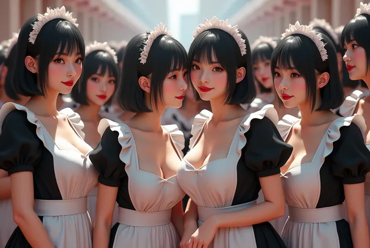 (Super Real Japanese Best beautiful Clone meid girl), (Super Best masterpiece, Raw Photography Art), (16k,  High Quality,  ultra high resolution), (crowd of clones, Clone girl with perfect appearance), (Realistic Japanese Girls, 35yo, Small face, Thick bla...