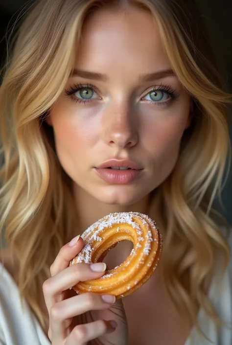 a gorgeous swedish girl with bright blonde hair, beautiful detailed eyes, beautiful detailed lips, extremely detailed face and portrait, longeyelashes, eating churros, intricate details, high quality, (best quality,4k,8k,highres,masterpiece:1.2),ultra-deta...