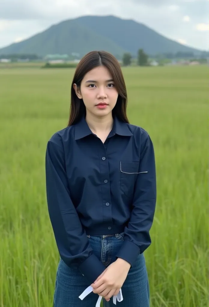 a photography of thai woman 18 years old wearing , long-sleeved shirt with a navy collar, buttoned, long legged jeans,stand in t...