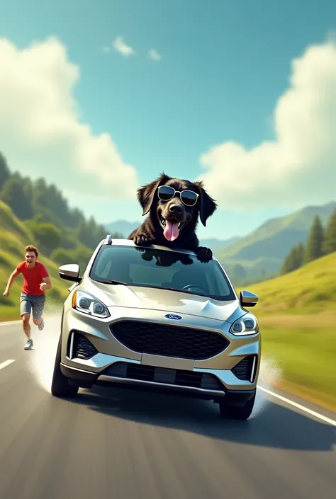 Prompt, A whimsical scene of a black flatcoat retriever wearing sunglasses while driving a silver grey ford kuga car fast with a human running behind trying to catch up.