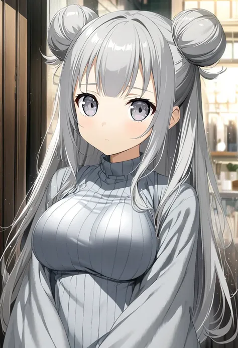 1girl, long hair, gray hair, double small buns, gray eyes, british features, 95cm breast, 18years, CG