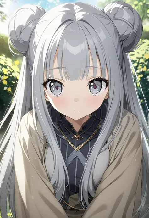 1girl, long hair, gray hair, double small buns, gray eyes, british features, 95cm breast, 18years, CG