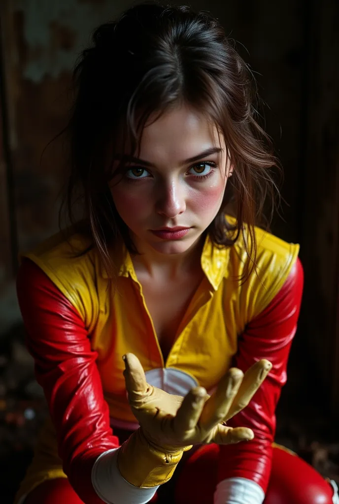 beautiful eyes, woman, red power ranger, dark, holding out a gloved hand to the camera, palm of hand, crouching, female, cowhide...