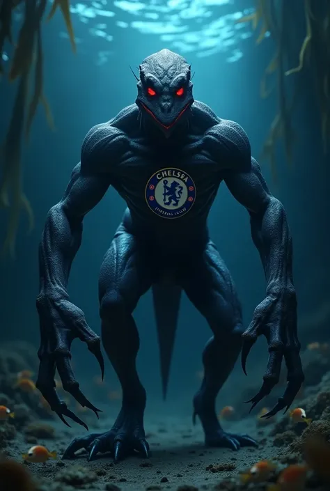 Create a picture of Slark ( Dota 2 hero ) with Chelsea Football Club logo
