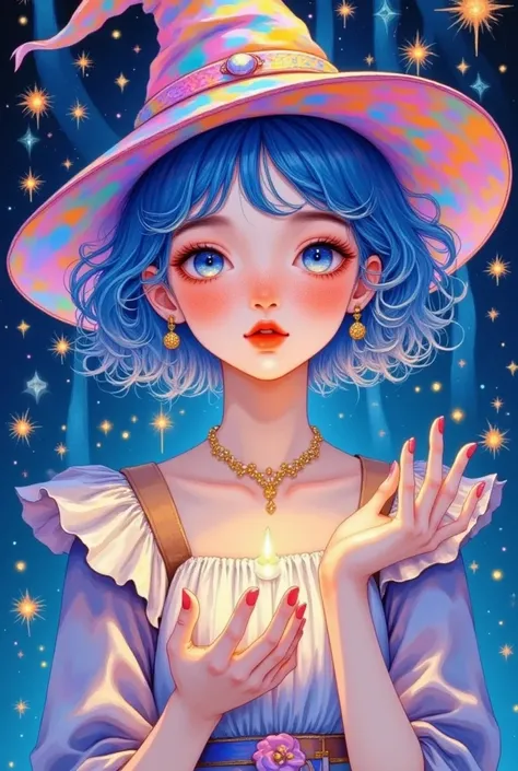 ((masterpiece:1.2,  is of the best quality)), 1 Girl,  alone, (Wizard Hat),  close-up of a girl with curly hair, Short hair, skirt, aurora, night, Star (Sky), Gloves, Sky, skirt, night Sky, Open your mouth, Starry Sky,  light blue eyes , Ribbon,  Smile, ca...