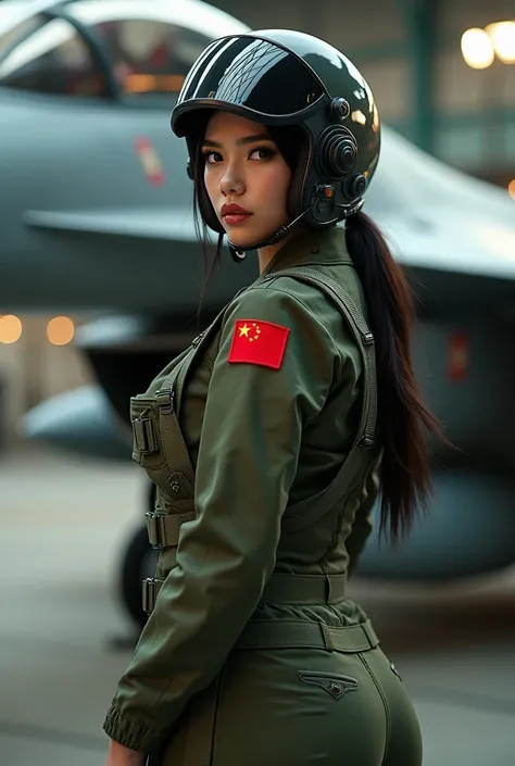 A sexy oriental woman with big ass fighter pilot in a military hangar ,  wearing an olive green pilot uniform with tactical details and a Chinese flag patch, including an aviation helmet . Shes standing on her back looking back ,  with a modern military je...