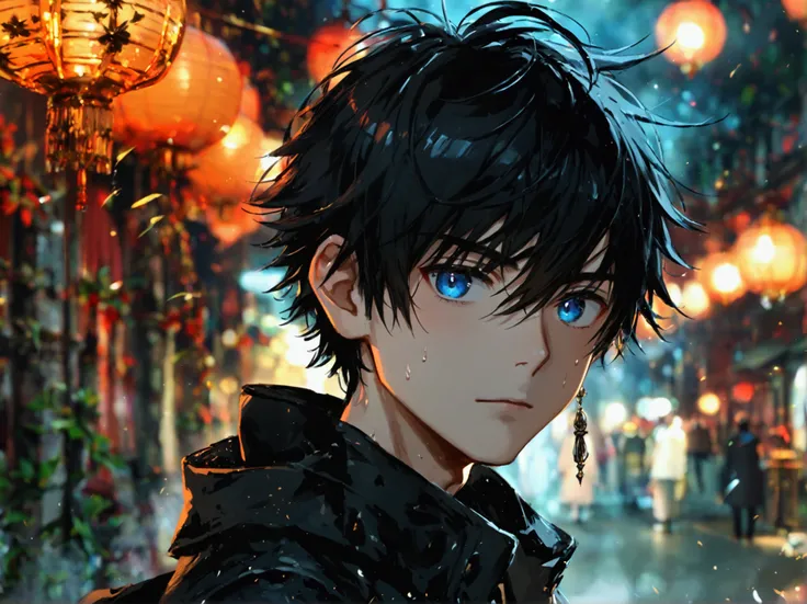 Anime  boy in the nigth black hair blue eyes black shirt black pants ash ash robe white holding Stable Demon,