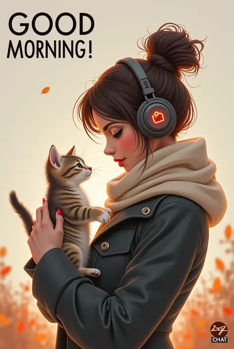  An empty template for filling out games and mailing players ,  is written in capital letters, which depicts a hyperrealistic girl with her hair held high,  with headphones and a scarf , playing with a kitten . The background is neutral,  are made in warm ...