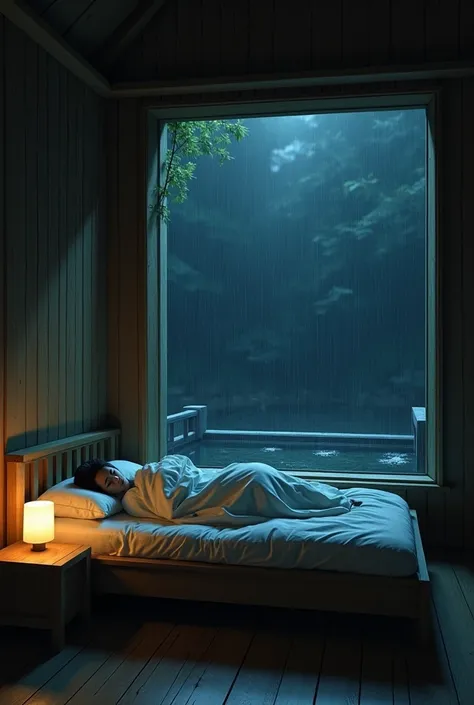 The bed is in the bedroom next to the window., Realistic painting, Inspired by Gregory Crewdson, Rainy nights, Japanese hot springs, Quiet wooden house, High-quality stock images