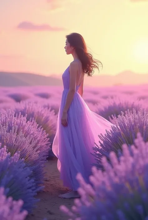 Realistic image of a woman, adorned in a vibrant lavender purple long dress, standing amidst a sea of lavender, bathed in warm, golden light. Inspired by Atay Ghailan, Kantoku, and Redjuice, with intricate details, delicate textures, and subtle anime nuanc...