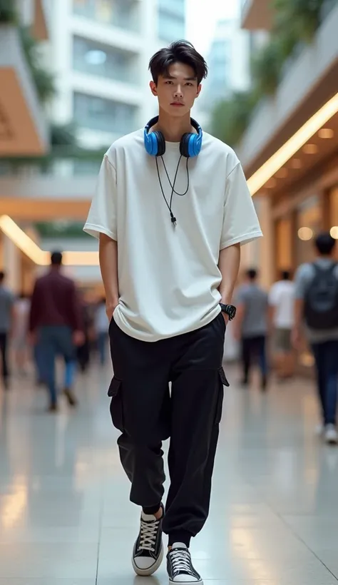 A handsome man of Chinese origin 25 years old with short dark hair and good looks wearing an oversized white T shirt, black trousers jogger, sneakers and has blue headphones around his neck., walking in the mall