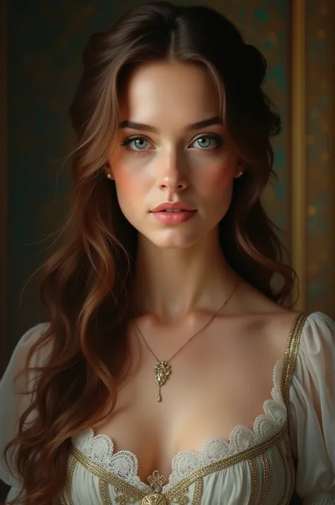 A young woman in the kingdom era who is around  who has extraordinary beauty. Similar to Kate Winslett. Her hair is long brown, her eyes are bright blue.