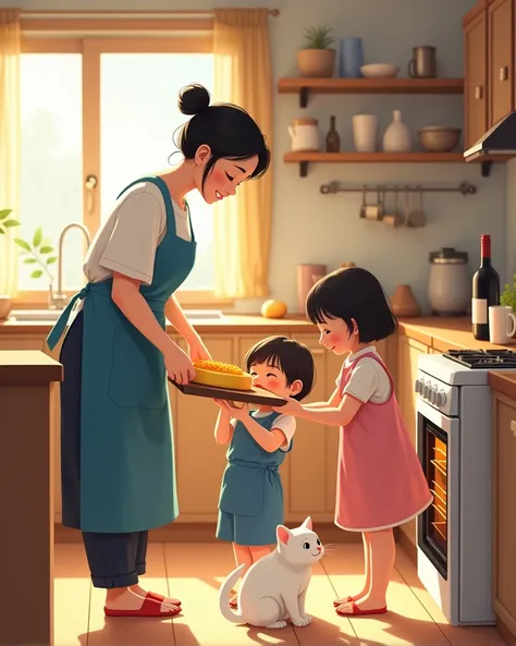 A cozy illustration of a family scene, full of like fun and family happiness. A 30-year-old gentle and kind mother in blue apron in Taiwan, with her black hair tied in a bun, is bending down to happily take a tray of freshly baked yellow cake out of the ov...