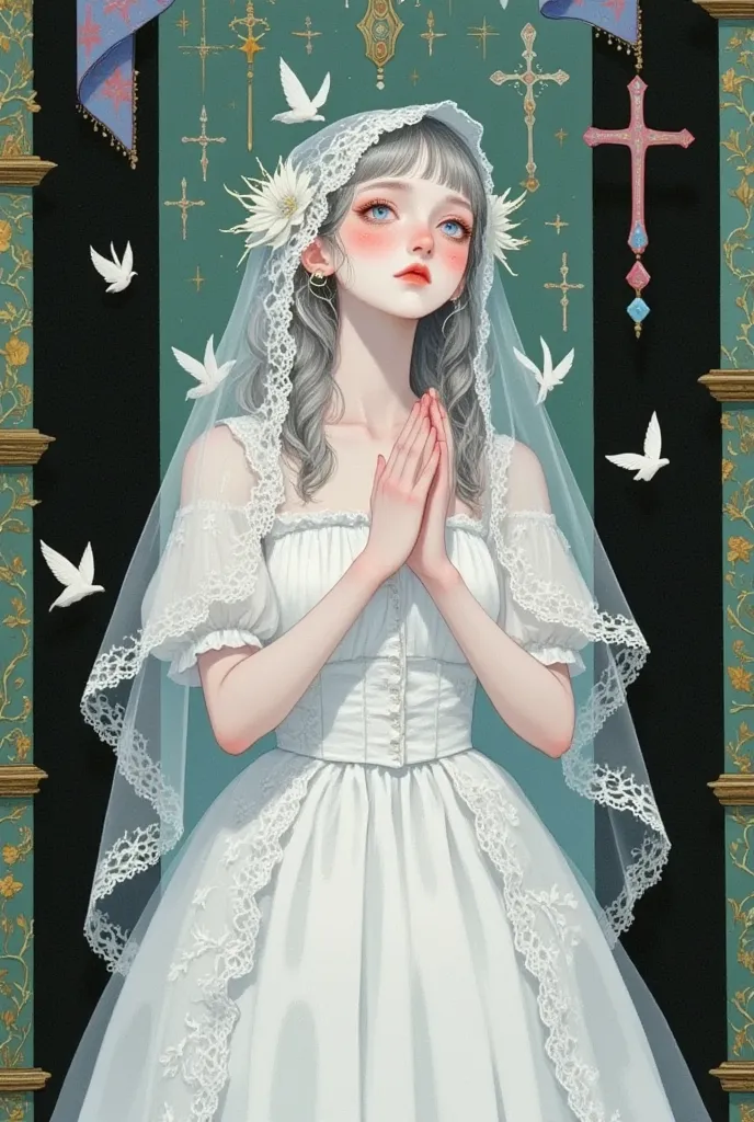 bride，   The style is inspired by Chiho Qingdao，  white wedding dress，  白色bride围巾  ， decorated with white flowers on the head   ， Silver Hair， Sapphire eyes ，Pale face， sad expression  ，Lower your head，pray，Beautiful hands，gothic style， gouache illustratio...