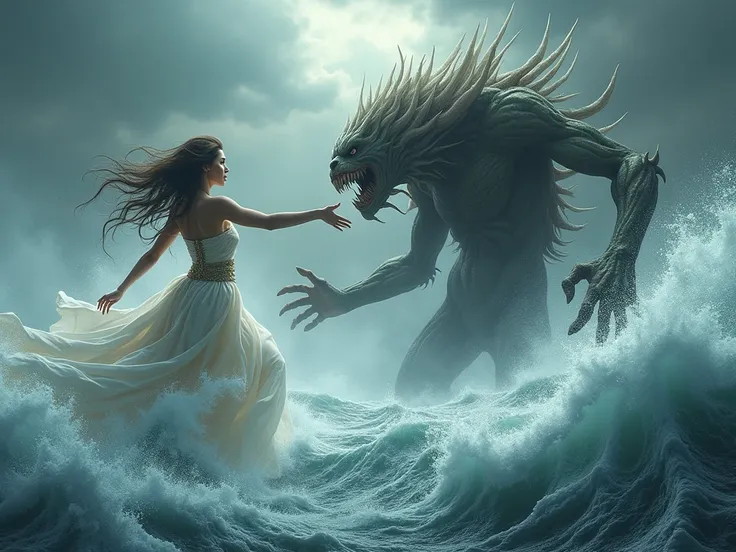 Beautyful woman godesse fight monster in a stormy sea 