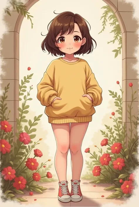 A short girl (about 1,63 cm tall )cute face,  short brown hair,  chubby girl with thick thighs and medium tits,  chubby and with a chubby belly, But not of a pregnant ,  wearing sweatshirts and cute clothes .  Anime style with watercolor painting ,  recall...