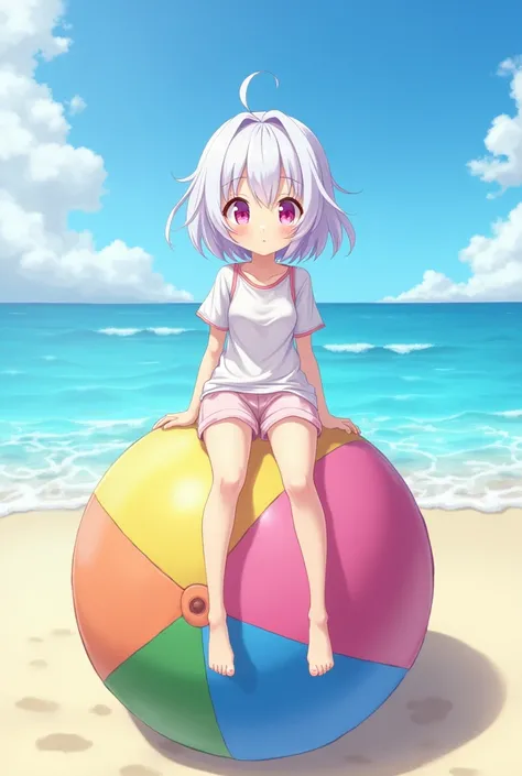 18-year-old anime girl with white hair, short hair and pink eyes sitting on a beach ball in front