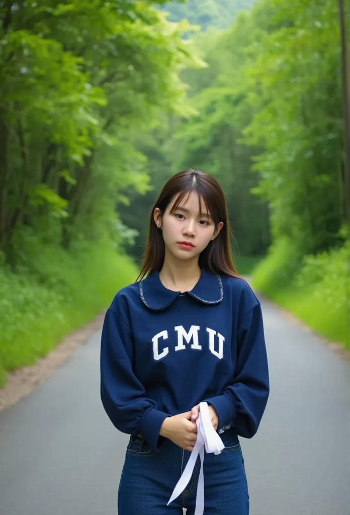 a photography of thai woman 18 years old wearing ,, a navy collar-collared long-sleeved shirt with the word white"cmu" with butt...