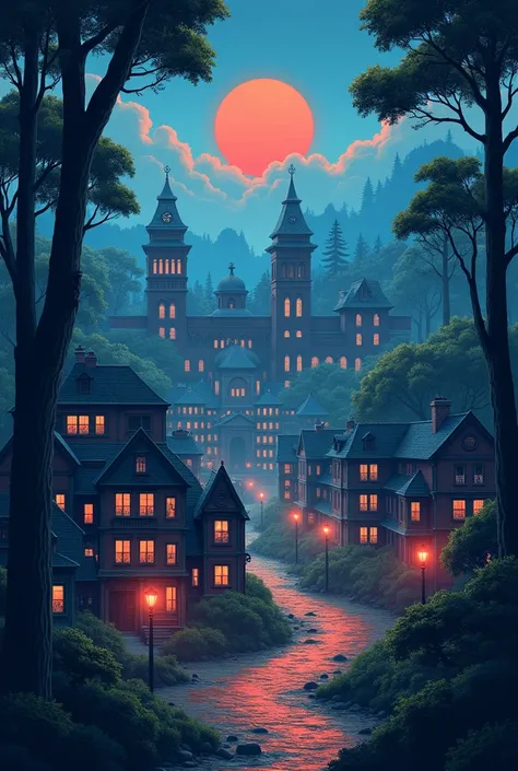 Create an image of a large 80s-style ,  board with a city with many houses, A city hall, school,  library ,  a laboratory , Pool club ,  this city must have forest elements and a house in the forest, baseado em stranger things