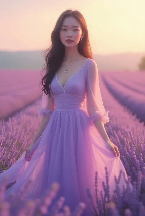 Realistic image of a malay woman, adorned in a vibrant lavender purple long dress, standing amidst a sea of lavender, bathed in warm, golden light. Inspired by Atay Ghailan, Kantoku, and Redjuice, with intricate details, delicate textures, and subtle anime...