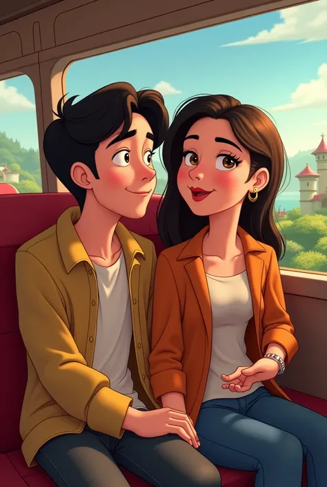 young couple of 20 years old, dark hair and brown eyes traveling by bus. In Disney animation style 