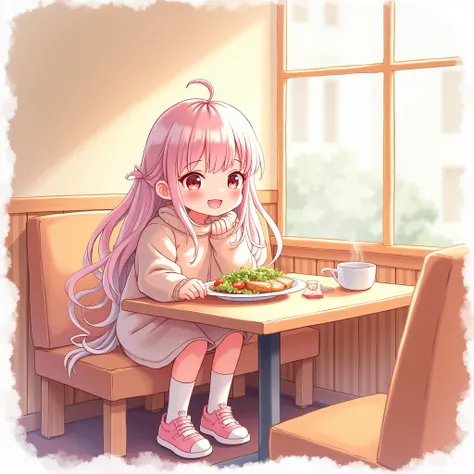 Manga cartoon   A Girl  skin white smile , long   hair colour  pink - white  and fascia  gradient , wear outfits  Winter   and  sneaker colour pink  and fascia  eating  foods in restaurant ,  backdrop  wall window pattern  pink - white  , manga water colou...