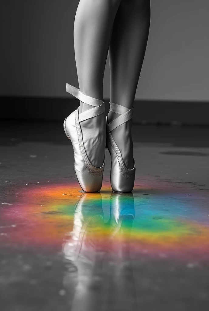 black and white close up image of a pair of feet in ballet shoes on point standing in a puddle of rainbow water 