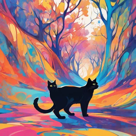 Super nice background，clean background，abstract painting，Vibrant colors，a cat，under the sun，trees