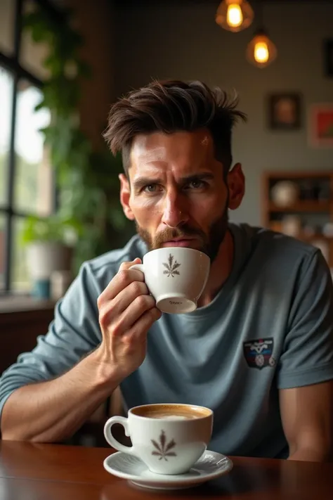 Leonel Messi sitting in Buenavista Quindio in Lantienda coffee house drinking coffee in a white cup