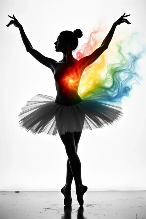 Black and white silhouette of a ballet dancer female on point with a rainbow bursting from her chest 