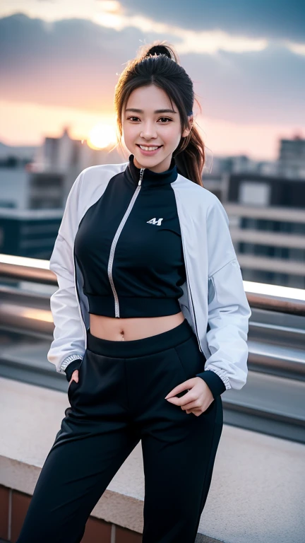 a beautiful 18 years old girl wearing a running jacket and training trousers, standing on the rooftop, shes smiling, her smile is so cute, shes cute and sexy, her body is so athletic and slim, perfect body ratio, ponytail, she looks kind, paparazzi, cowboy...