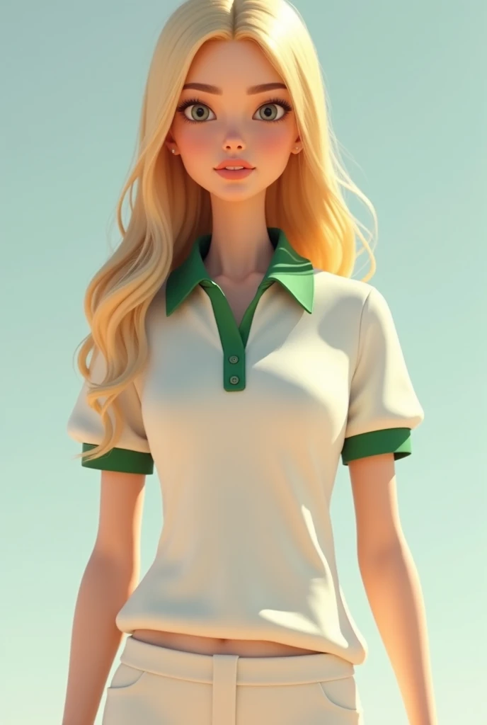 Create an animated avatar of a tall and thin blonde wearing a white polo blouse with a green collar up to half her body featuring something