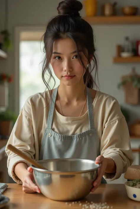 A daughter,  busy doing chores at her house, 