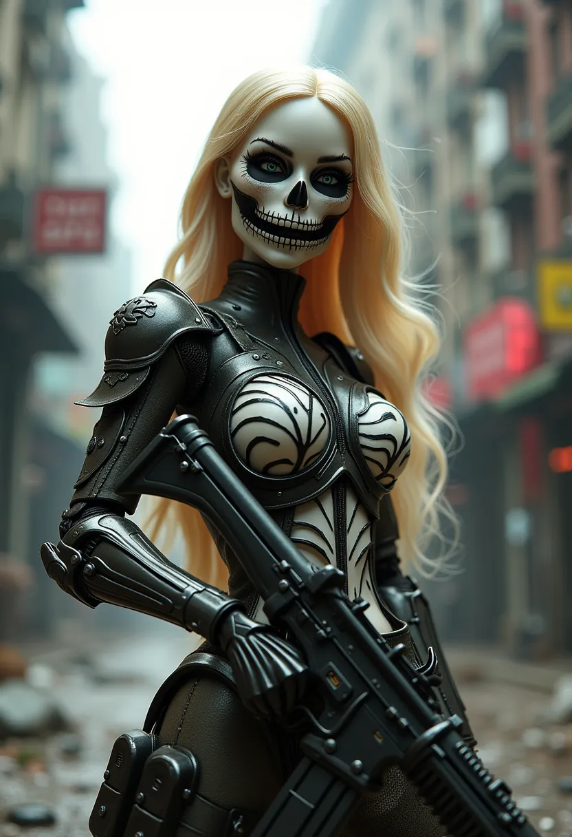 blonde barbie, cute, girly, skull mask, armor, army, holding weapon, thedeathsquad