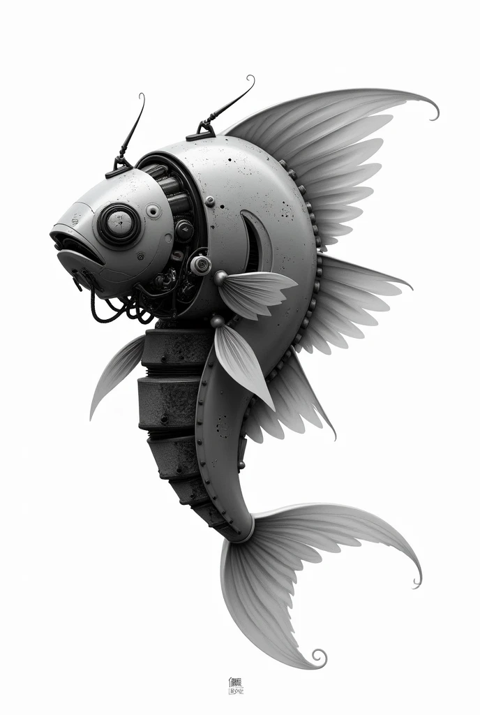 Poisson mécanique de la tête entière  allant vers la queue différentes couches en voyant larrete 
en  armature métallique a la queue le tout avec des pistons des rouages et du pneumatique en noir et blanc et sur fond blanc