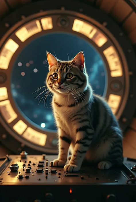 A cat in the interior of a 1960s space capsule