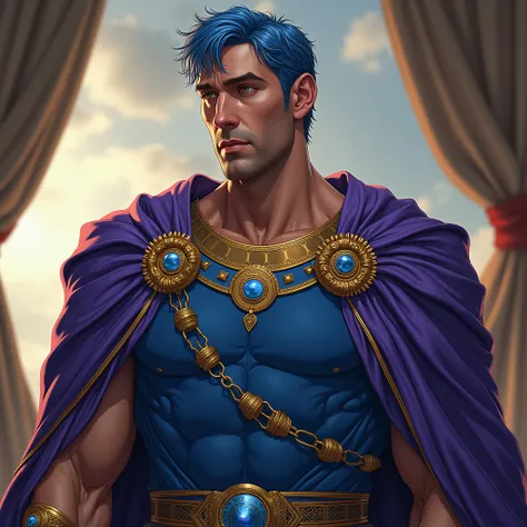 The Reincarnation of Constantine the Great 。 Anime Characters。Elegant men, 20th Generation,  mature man,Metallic blue hair。, Short straight hair,  neck-length hair , Golden Eyes, Tall。Pompidou々。Blue tunic, purple toga with intricate gold thread embroidery ...